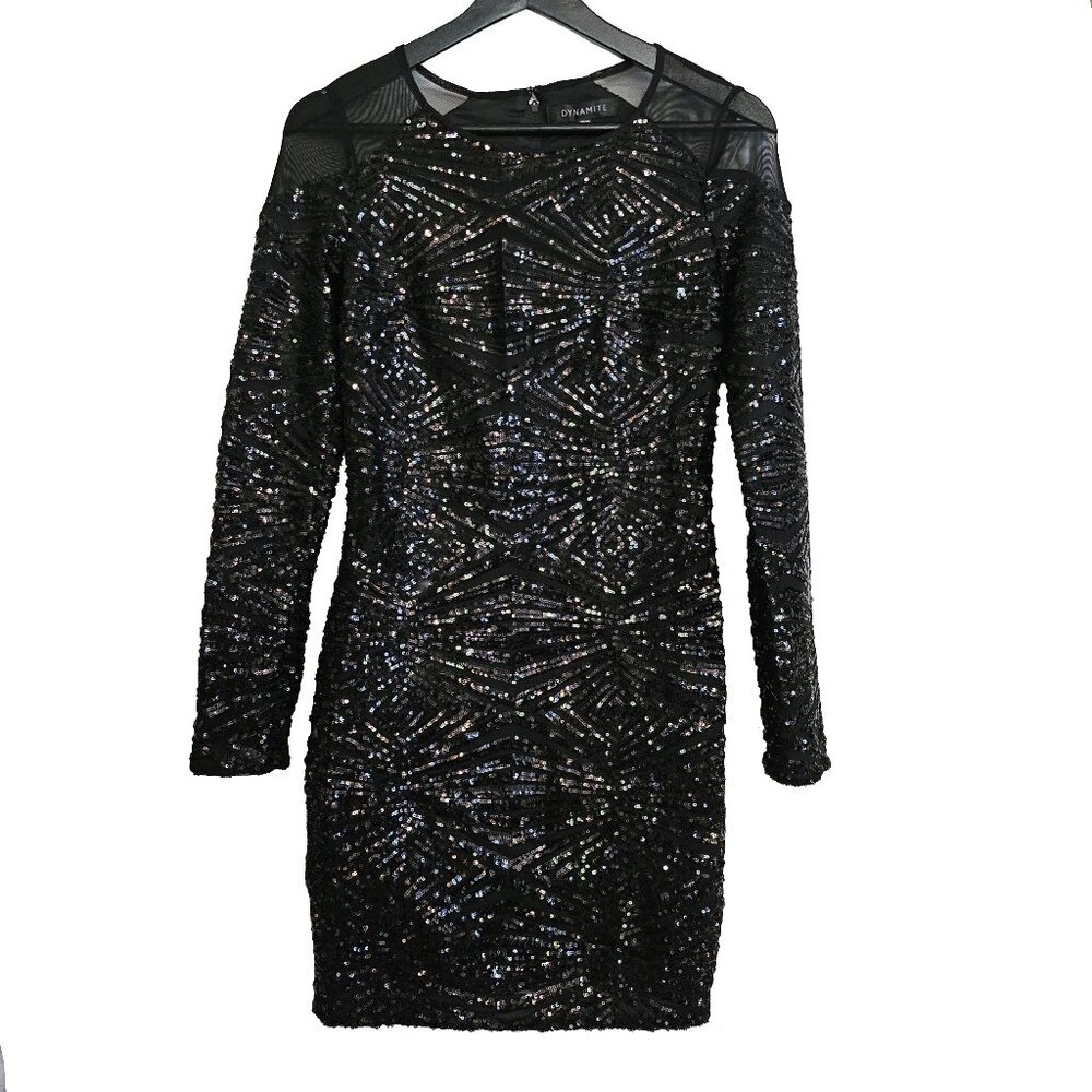 DYNAMITE Black Long Sleeve Sequined Mini Dress Size XS